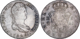 Ferdinand VII (1808-1833)
8 Reales. 1825. MADRID. A.J. 26,58 grs. Pátina irregular. Muy escasa. MBC/MBC+. / Uneven patina. Very scarce and very fine ...