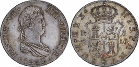 Ferdinand VII (1808-1833)
8 Reales. 1830. MADRID. A.J. 26,86 grs. El mejor ejemplar conocido de esta rarísima pieza. Sólo 3 ejemplares conocidos. Bon...