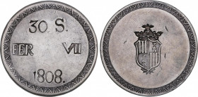 Ferdinand VII (1808-1833)
30 Sous. 1808. MALLORCA. 26,45 grs. MBC+. / Choice very fine. AC-1289; Cal-522. Adq. Moreda - Junio 1987.