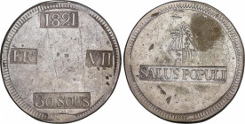Ferdinand VII (1808-1833)
30 Sous. 1821. MALLORCA. 26,18 grs. Latón plateado. Falsa de Época. SALUS POPULI. MBC+. / Counterfeit. SALUS POPULI. Choice...
