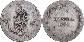 Ferdinand VII (1808-1833)
8 Reales. 1828. MANILA. 26,00 grs. Acuñada sobre 8 Reales Perú KM-31. Muy escasa. EBC-. / Struck on 8 Reales Peru KM-31. Ve...