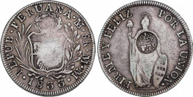 Ferdinand VII (1808-1833)
8 Reales. (1832-1834). MANILA. 26,37 grs. Resello F.7º superado de corona sobre 8 Reales PERÚ 1833 Lima-MM KM-83 de Filipin...