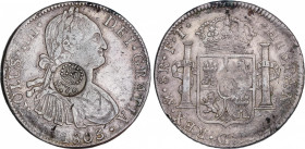 Ferdinand VII (1808-1833)
8 Reales. (1832-1834). MANILA. 26,90 grs. Resello F.7º superado de corona sobre 8 Reales 1803 México-FT KM-63 de Filipinas....