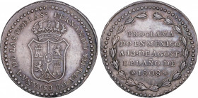 Ferdinand VII (1808-1833)
Medalla Proclamación. 1808. MÉXICO. 26,61 grs. Módulo 8 Reales. Canto tipo moneda. Pátina. Escasa. EBC. / Diameter 8 Reales...