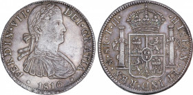 Ferdinand VII (1808-1833)
8 Reales. 1810. MÉXICO. T.H. 26,93 grs. Pátina. Escasa. EBC-. / Patina. Scarce and almost extremely fine. AC-1312; Cal-541....