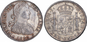 Ferdinand VII (1808-1833)
8 Reales. 1810. MÉXICO. HJ/TH. 26,93 grs. Bonita pátina y restos de brillo original. Bella pieza. Rara así. EBC+. / Nice pa...
