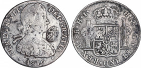 Ferdinand VII (1808-1833)
8 Reales. 1810. MÉXICO. H.J. 26,38 grs. AR fundida. Resello José Francisco Osorno no genuino. BC+. / Silver cast coin. José...