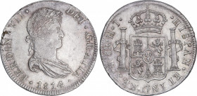 Ferdinand VII (1808-1833)
8 Reales. 1814/3. MÉXICO. H.J. 26,85 grs. Pocos ejemplares conocidos. Probablemente el mejor ejemplar conocido. Pequeña gri...