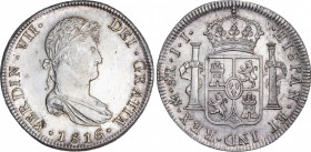 Ferdinand VII (1808-1833)
8 Reales. 1816/5. MÉXICO. J.J. 26,91 grs. Pleno brillo original. Parece PROOF. Extraordinaria pieza. SC. / Full mint luster...