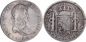 Ferdinand VII (1808-1833)
8 Reales. 1820. MÉXICO. J.J. 26,49 grs. Resello falso monograma del General José Francisco Osorno. Este resello se acuñó du...