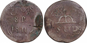 Ferdinand VII (1808-1833)
8 Reales. 1811. MORELOS. 23,25 grs. AE. Muy escasa. BC+. / Very scarce and choice fine. AC-1341; Cal-575. Ex Áureo 143 - 29...