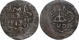 Ferdinand VII (1808-1833)
8 Reales. 1813. MORELOS. 27,34 grs. AE. Con adornos. MBC. / With ornaments. Very fine. AC-1343; Cal-579.