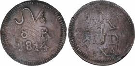 Ferdinand VII (1808-1833)
8 Reales. 1814. OAXACA. Rev.: SUD / OXA. 23,33 grs. AE. Acuñación insurgente. Rayitas de ajuste. Hojitas en reverso. Escasa...