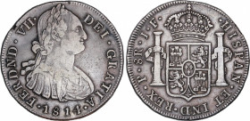 Ferdinand VII (1808-1833)
8 Reales. 1814/3. POPAYÁN. J.F. 26,79 grs. Busto de Carlos IV. Pátina. Rara. MBC. / Bust of Charles IV. Patina. Rare. Very ...