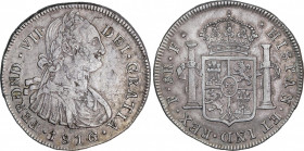 Ferdinand VII (1808-1833)
8 Reales. 1816/4. POPAYÁN. F. 26,81 grs. Busto de Carlos IV. Ni AC ni Cal catalogan esta pieza. Pátina. Hojitas en anverso....