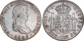 Ferdinand VII (1808-1833)
8 Reales. 1808. POTOSÍ. P.J. 26,84 grs. Rayitas y ligeras oxidaciones limpiadas en anverso. MBC+/EBC-. / Hairlines and slig...