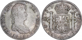 Ferdinand VII (1808-1833)
8 Reales. 1813. POTOSÍ. P.J. 26,82 grs. ERROR numeral del rey: IIV. Restos de brillo original. Rara. EBC-. / King´s numeral...