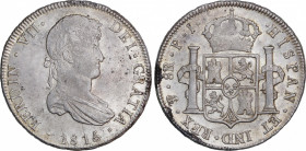 Ferdinand VII (1808-1833)
8 Reales. 1815. POTOSÍ. P.J. 26,93 grs. Restos de brillo original. Manchitas. EBC. / Luster traces. Minor stains. Extremely...