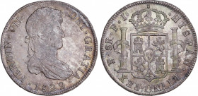 Ferdinand VII (1808-1833)
8 Reales. 1822. POTOSÍ. P.J. 27,22 grs. Pequeña zona en la mejilla del monarca de plata mal batida. Preciosa pátina irisada...