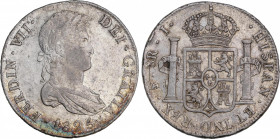 Ferdinand VII (1808-1833)
8 Reales. 1825. POTOSÍ. J. 26,66 grs. Restos de brillo original. Golpecito en canto. Escasa. EBC. / Luster traces. Minor de...
