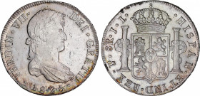 Ferdinand VII (1808-1833)
8 Reales. 1825. POTOSÍ. J.L. 26,86 grs. Pleno brillo original. Pequeñas marquitas en anverso. SC-/SC. / Full mint luster. S...