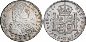 Ferdinand VII (1808-1833)
8 Reales. 1809. SANTIAGO. F.J. 27,36 grs. Casaca sin botones. Rayitas y graffitis en anverso. Escasa. MBC+. / Dress coat wi...