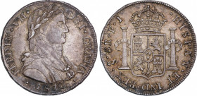 Ferdinand VII (1808-1833)
8 Reales. 1810. SANTIAGO. F.J. 26,83 grs. Busto almirante laureado. Bonita pátina. Escasa. EBC. / Laureated admiral bust. N...
