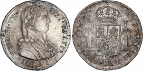 Ferdinand VII (1808-1833)
8 Reales. 1811. SANTIAGO. F.J. 27,04 grs. Busto almirante laureado. Casaca con botones. Pátina acerada. Ínfimas oxidaciones...