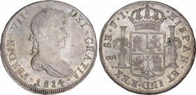 Ferdinand VII (1808-1833)
8 Reales. 1814. SANTIAGO. F.J. 27,34 grs. Pleno brillo original. SC-. / Full mint luster. Almost uncirculated. AC-1407; Cal...