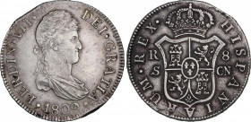 Ferdinand VII (1808-1833)
8 Reales. 1809. SEVILLA. C.N. 26,69 grs. Busto diademado. Muy escasa. MBC+. / Diadem bust. Very scarce and choice very fine...