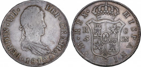 Ferdinand VII (1808-1833)
8 Reales. 1810. SEVILLA. C.N. 26,66 grs. Busto diademado. Acuñación algo floja en anverso. Muy rara. MBC-/MBC. / Diadem bus...