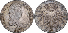 Ferdinand VII (1808-1833)
8 Reales. 1819. SEVILLA. C.J. 26,91 grs. Acuñación algo floja. Pátina. Golpecito en anverso. MBC. / Slightly weak strike. P...