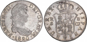 Ferdinand VII (1808-1833)
8 Reales. 1820. SEVILLA. C.J. 26,92 grs. Acuñación algo floja. Restos de brillo original. MBC+. / Slightly weak strike. Lus...