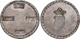 Ferdinand VII (1808-1833)
5 Pesetas. 1809. TARRAGONA. 26,38 grs. Cero de la fecha grande. Escudo estrecho. EBC. / Big date zero. Narrow shield. Extre...