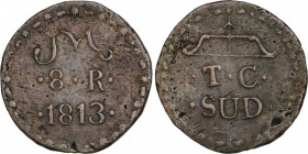 Ferdinand VII (1808-1833)
8 Reales. 1813. TIERRAS CALIENTES. 16,53 grs. Acuñadas por los insurgentes. MBC. / Insurgent coinage. Very fine. AC-1431; C...