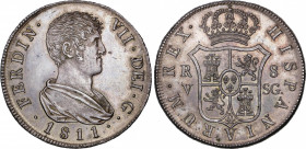 Ferdinand VII (1808-1833)
8 Reales. 1811. VALENCIA. S.G. 26,87 grs. Restos de brillo original. Bello ejemplar. Escasa. EBC+. / Luster traces. Beautif...
