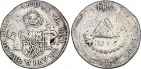 Ferdinand VII (1808-1833)
8 Reales. 1810. ZACATECAS. 28,24 grs. Flores y castillos cuartelados. Acuñada por los insurgentes. Moneda provisional. Rara...