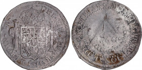 Ferdinand VII (1808-1833)
8 Reales. 1811. ZACATECAS. 27,80 grs. Castillos y leones. FERDIN VI. Oxidaciones. Muy rara. BC. / Castles and lions. FERDIN...