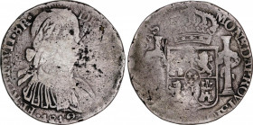 Ferdinand VII (1808-1833)
8 Reales. 1812. ZACATECAS. 24,05 grs. Busto armado. Moneda provisional. Valor en anverso. Canto liso. Acuñación descuidada....