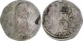 Ferdinand VII (1808-1833)
8 Reales. 1812. ZACATECAS. 26,43 grs. Busto drapeado. Moneda Provisional. Canto liso. Acuñación floja y descuidada. Rara. B...