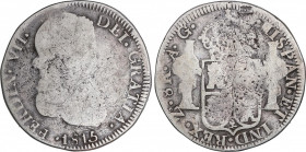 Ferdinand VII (1808-1833)
8 Reales. 1815. ZACATECAS. A.G. 25,10 grs. Canto liso, variante de busto. Acuñación floja, normal en esta ceca. BC+. / Flat...