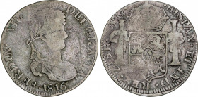 Ferdinand VII (1808-1833)
8 Reales. 1816. ZACATECAS. A.G. 25,95 grs. Canto con cordoncillo. Acuñación floja. BC+ . / Milled edge. Weak strike. Choice...