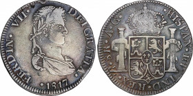 Ferdinand VII (1808-1833)
8 Reales. 1817. ZACATECAS. A.G. 25,97 grs. MBC+. / Choice very fine. AC-1458; Cal-688. Ex Euro Shekel - 30 Noviembre 1988, ...