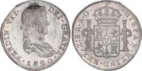 Ferdinand VII (1808-1833)
8 Reales. 1820. ZACATECAS. R.G. 26,74 grs. Cuño oxidado. Pleno brillo original. Bonita pieza. SC. / Rusted die. Full mint l...