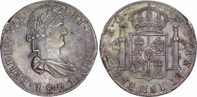 Ferdinand VII (1808-1833)
8 Reales. 1821. ZACATECAS. R.G. 26,72 grs. Leyenda del anverso con puntos. Pátina oscura. EBC. / Obverse legend with dots. ...