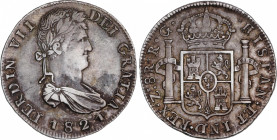 Ferdinand VII (1808-1833)
8 Reales. 1821. ZACATECAS. R.G. 26,98 grs. Variante leyenda del anverso sin puntos. Pátina. Escasa. MBC+. / Variety obverse...