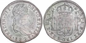 Ferdinand VII (1808-1833)
8 Reales. 1821. ZACATECAS. R.G. 26,79 grs. Marca de ceca: Z. Valor: 8s R. Rayitas. Restos de brillo original. Escasa. MBC+....