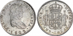 Ferdinand VII (1808-1833)
8 Reales. 1822. ZACATECAS. R.G. 26,97 grs. SC-/SC. / Almost uncirculated / uncirculated. AC-1472; Cal-700. Adq. Herrero - S...