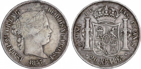 Elisabeth II (1833-1868)
20 Reales. 1857. BARCELONA. 25,66 grs. Pátina. Rara. MBC. / Patina. Rare and very fine. AC-572; Cal-154. Ex J. Vico - 9 Juni...