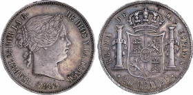 Elisabeth II (1833-1868)
20 Reales. 1862. BARCELONA. 25,93 grs. Pequeños golpecitos. Pátina oscura ligeramente irisada. Muy escasa. EBC-. / Very smal...